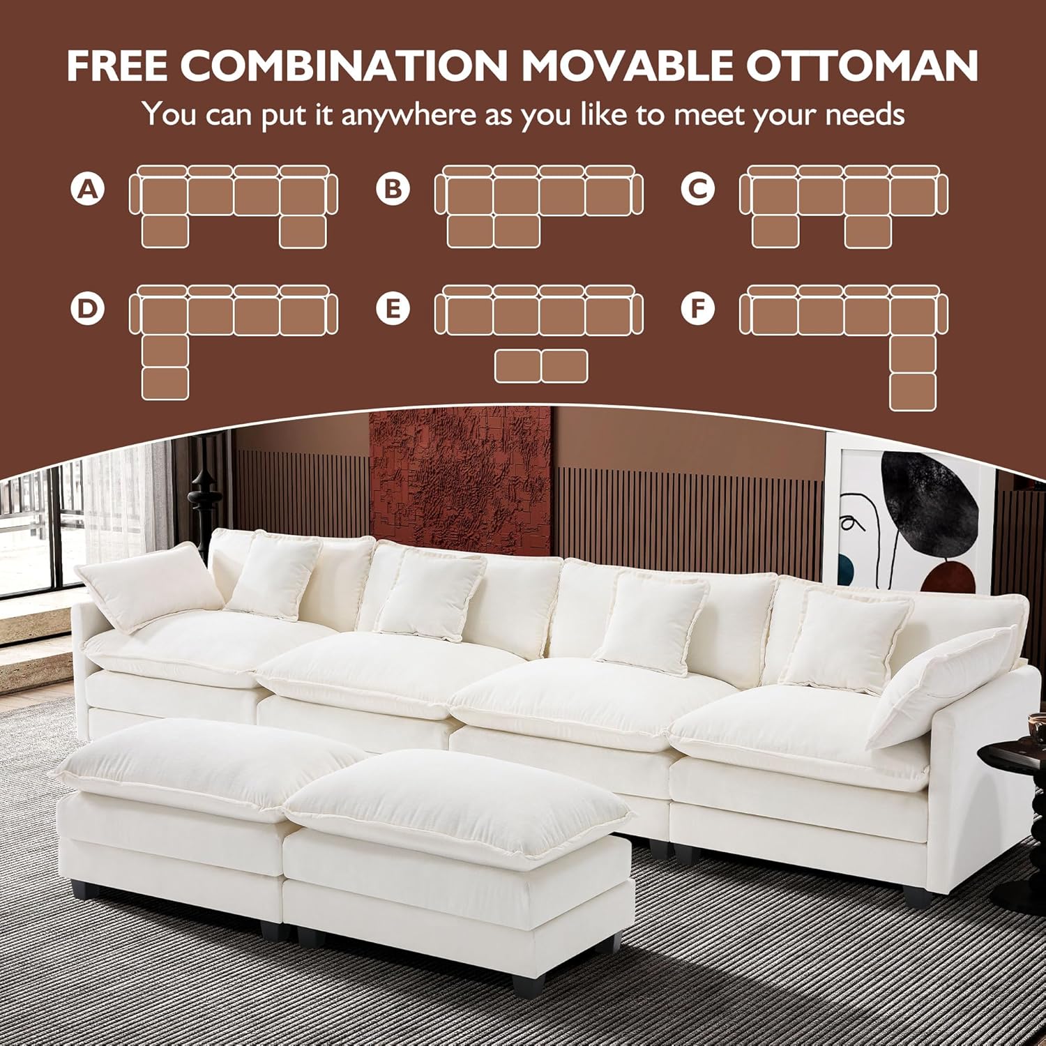 81zWlK3cocL._AC_SL1500_.jpg Ihanherry 146" U-Shaped Modern Sofa Modular Sectional Cloud Couch with 2 Ottoman, 6-Seat Chenille Deep Seat Sofa with 6 Pillows for Living Room, Bedroom and Apartment, Beige - Image 8