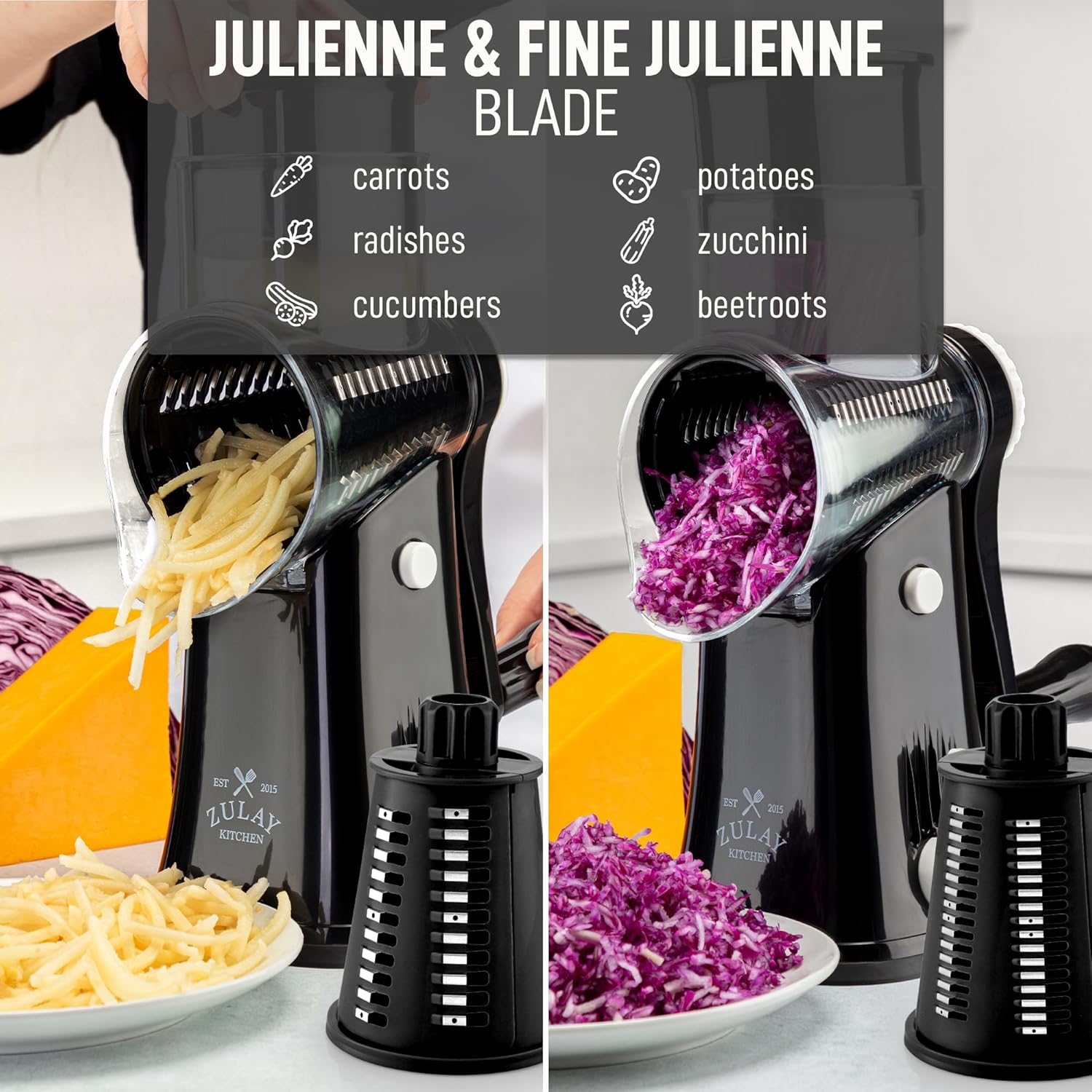 81zepGogeL._AC_SL1500_.jpg Zulay Kitchen Rotary Cheese Grater 5 Blade Cheese Shredder - Manual Hand Crank Cheese Grater With Reinforced Suction & 5 Interchangeable Drums - Easy to Use, Vegetable Chopper Round Mandoline Slicer - Image 7