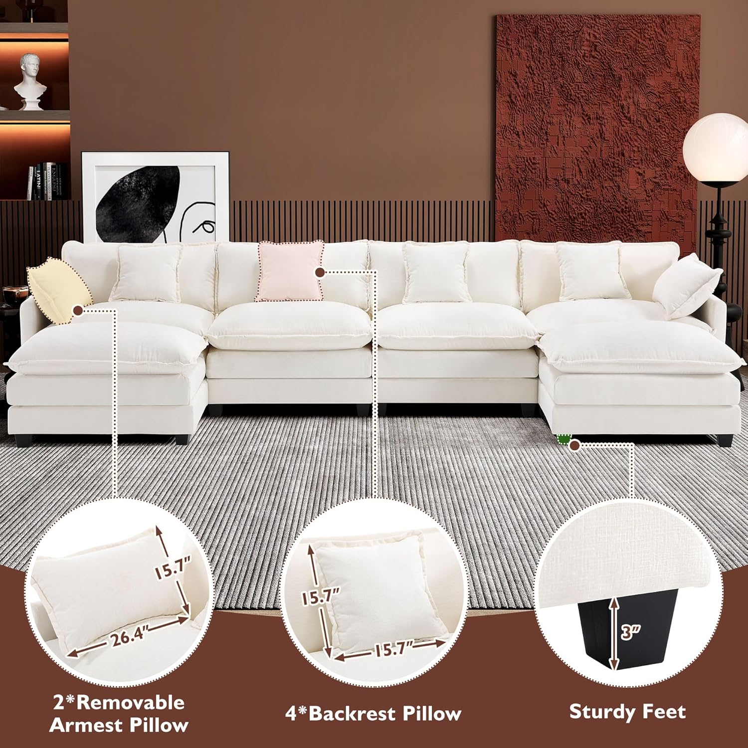913VQsDIcdL._AC_SL1500_.jpg Ihanherry 146" U-Shaped Modern Sofa Modular Sectional Cloud Couch with 2 Ottoman, 6-Seat Chenille Deep Seat Sofa with 6 Pillows for Living Room, Bedroom and Apartment, Beige - Image 7