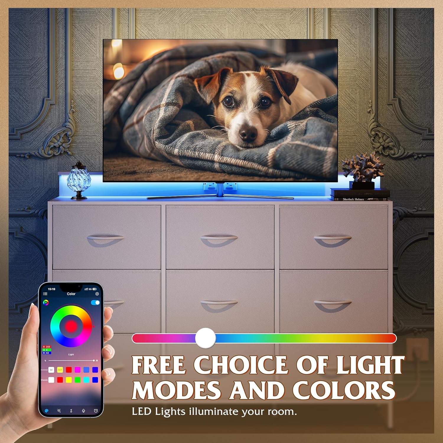 91DvK24f0eL._AC_SL1500_.jpg WLIVE White TV Stand for 45, 50, 55 inch TV, Entertainment Center with LED Lights & Charging Station, TV Media Console Table with 9 Fabric Drawers and Open Shelves for Living Room, Hallway, Wood Top - Image 9