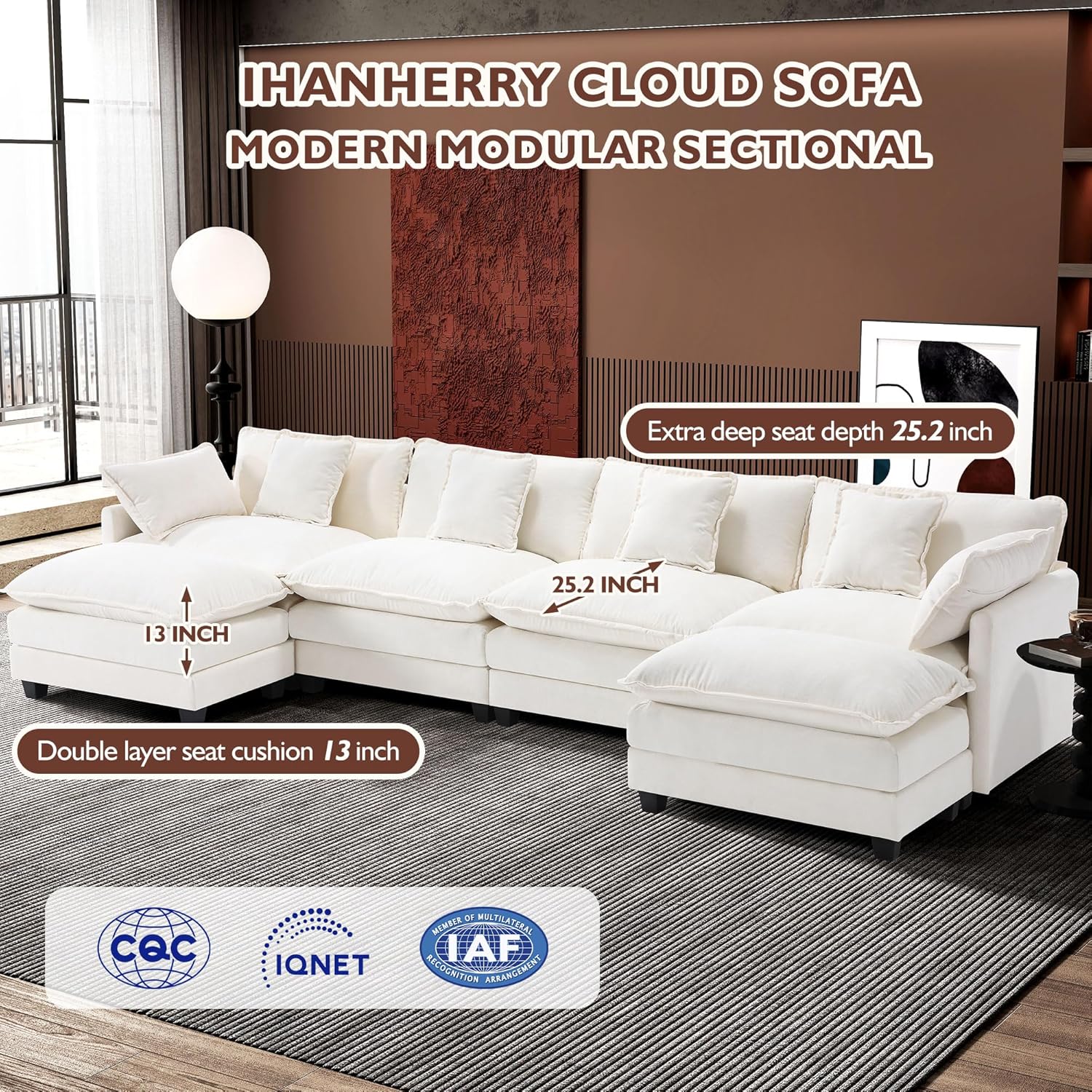 91HJcm-qiqL._AC_SL1500_.jpg Ihanherry 146" U-Shaped Modern Sofa Modular Sectional Cloud Couch with 2 Ottoman, 6-Seat Chenille Deep Seat Sofa with 6 Pillows for Living Room, Bedroom and Apartment, Beige - Image 3