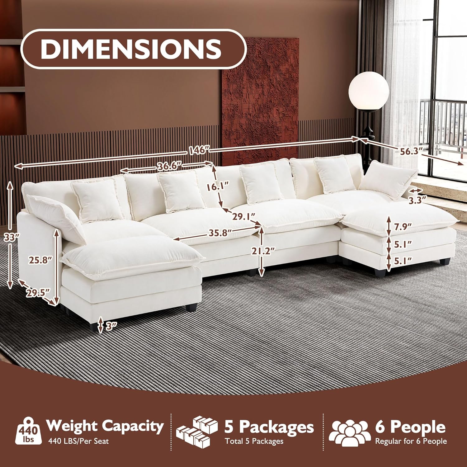 91RxmIByuzL._AC_SL1500_.jpg Ihanherry 146" U-Shaped Modern Sofa Modular Sectional Cloud Couch with 2 Ottoman, 6-Seat Chenille Deep Seat Sofa with 6 Pillows for Living Room, Bedroom and Apartment, Beige - Image 6