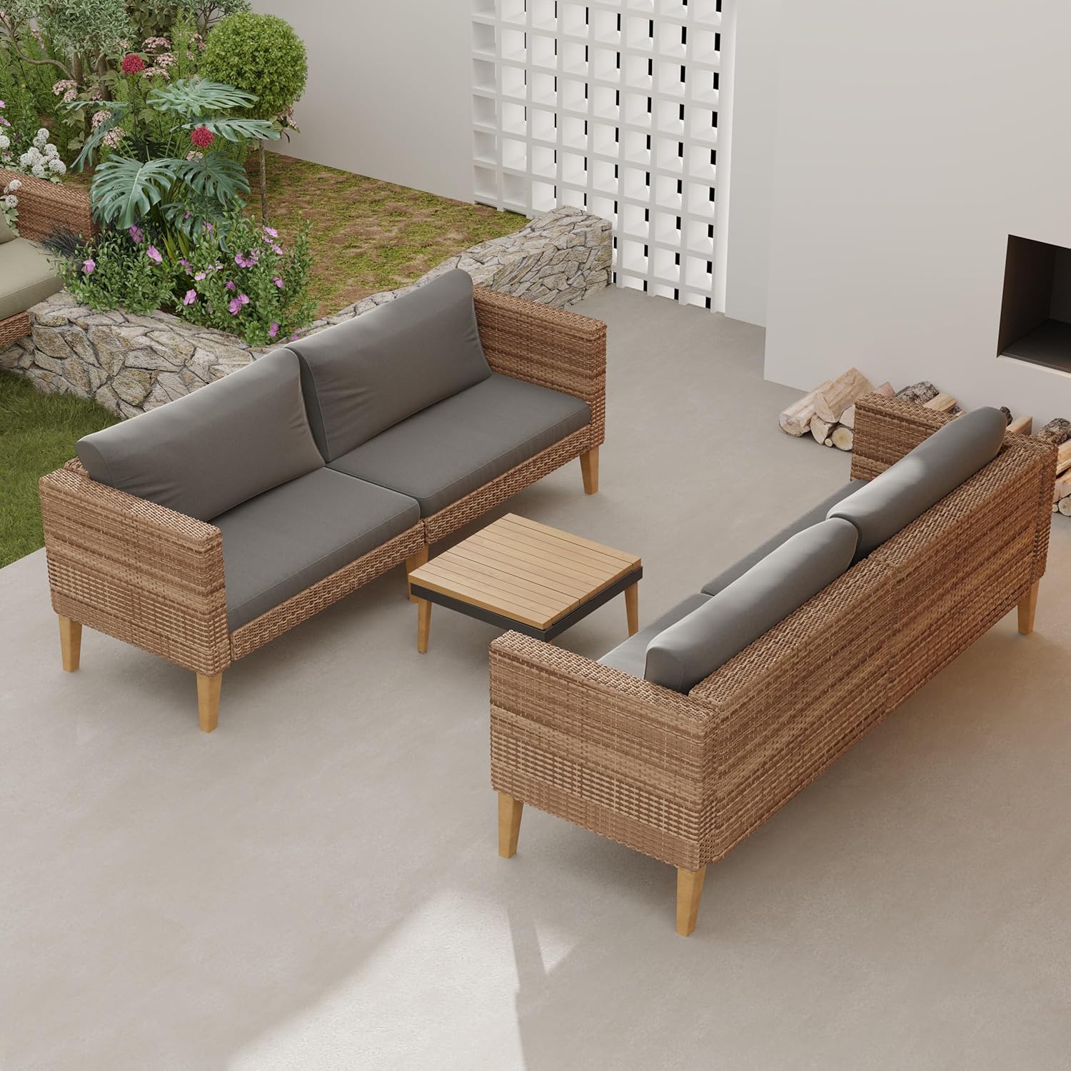91Tyjvi95kL._AC_SL1500_.jpg WiberWi Outdoor Couch, All Weather Patio Sofa with Acacia Wood Legs, PE Wicker Outdoor Furniture Deep Seating, Rattan Loveseat for Garden, Backyard, Balcony and Porch, Grey - Image 4