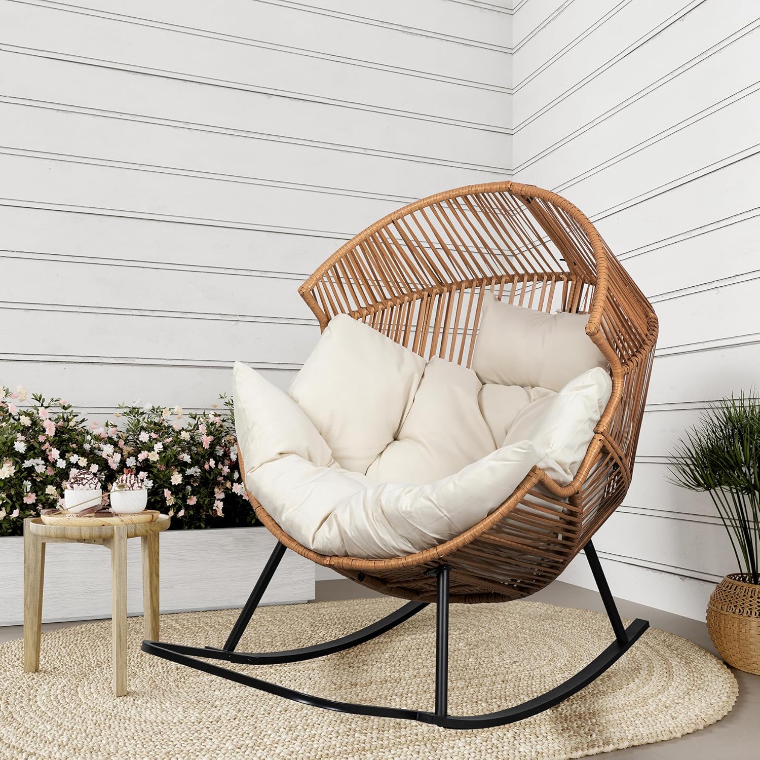 91UJJEceZnL._AC_SL1500_.jpg Shintenchi Wicker Egg Chair,Oversized Outdoor Indoor Rocking Chair,Large PE Rattan Rocking Chair with Cushion for Patio, Balcony, Backyard, Garden, Beige - Image 2