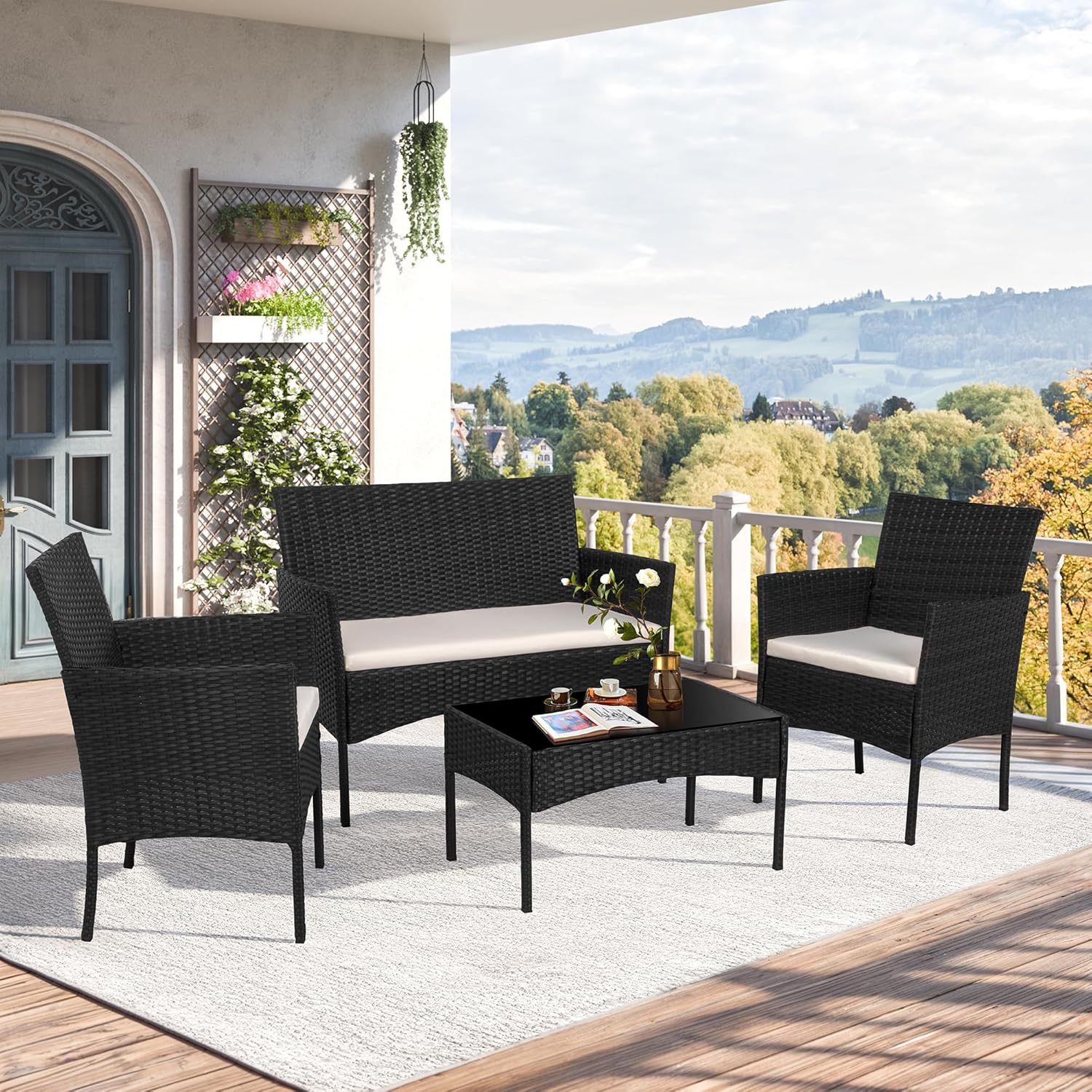 91VEyqlWJoL._AC_SL1500_.jpg Shintenchi 4 Piece Outdoor Patio Furniture Sets, Small Wicker Patio Conversation Furniture Rattan Chair Set with Tempered Glass Coffee Table for Backyard Porch Garden Poolside Balcony - Image 3