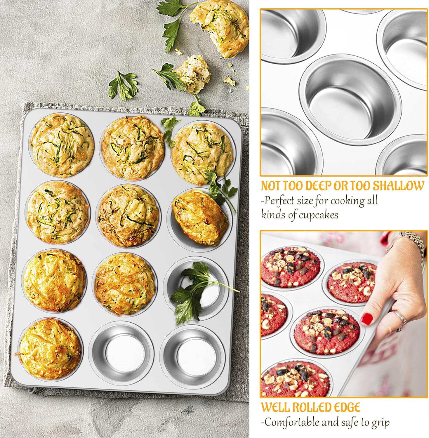 91agjDZE6bL._AC_SL1500_.jpg E-far Muffin Pan 12-Cup, Set of 2, Stainless Steel Cupcake Pan Metal Muffin Baking Tins for Oven, Regular Size & Easy Clean, Non-toxic & Dishwasher Safe - Image 6