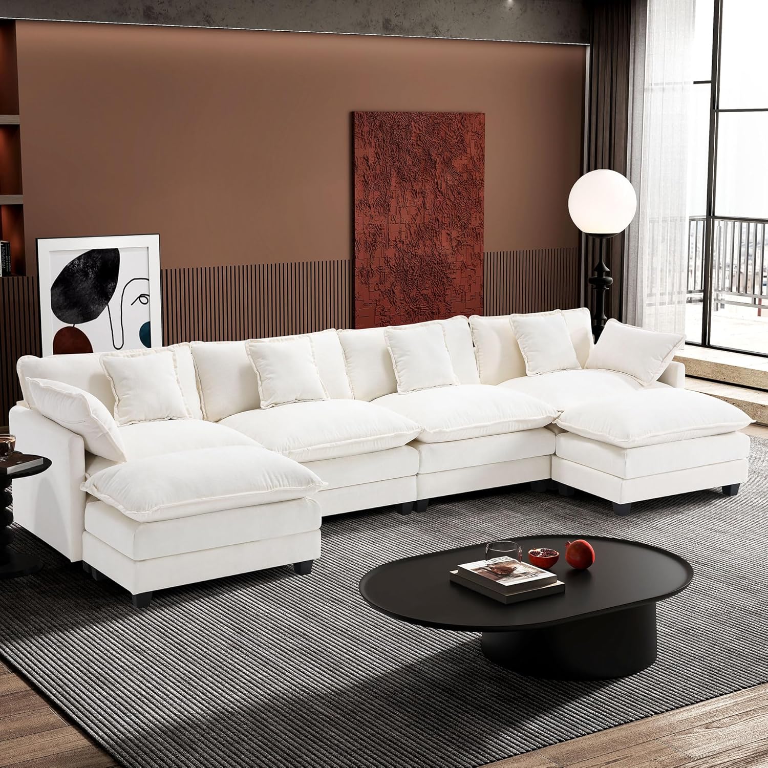 91bvCaaip7L._AC_SL1500_.jpg Ihanherry 146" U-Shaped Modern Sofa Modular Sectional Cloud Couch with 2 Ottoman, 6-Seat Chenille Deep Seat Sofa with 6 Pillows for Living Room, Bedroom and Apartment, Beige - Image 2