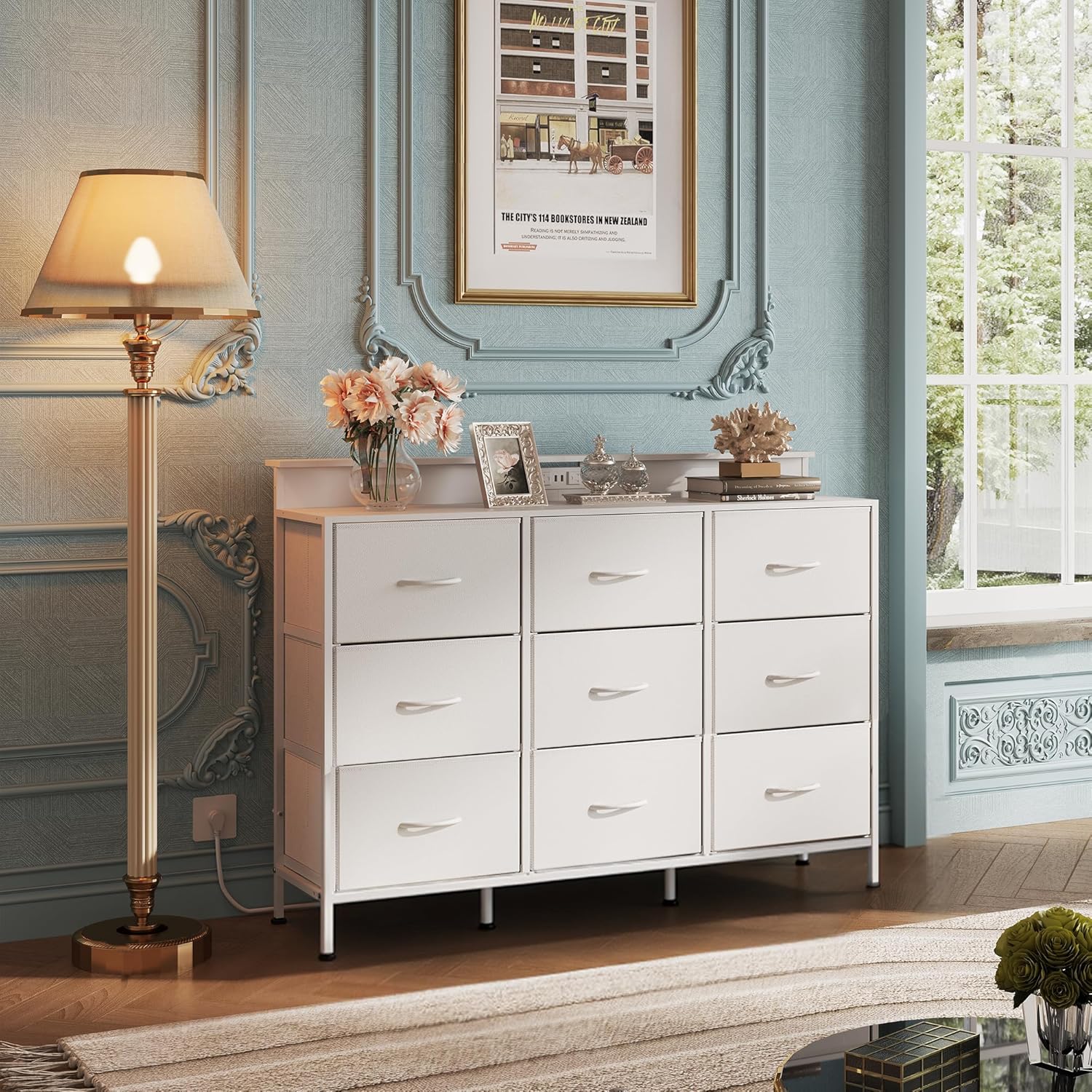 91exmV1MvL._AC_SL1500_.jpg WLIVE White TV Stand for 45, 50, 55 inch TV, Entertainment Center with LED Lights & Charging Station, TV Media Console Table with 9 Fabric Drawers and Open Shelves for Living Room, Hallway, Wood Top - Image 8