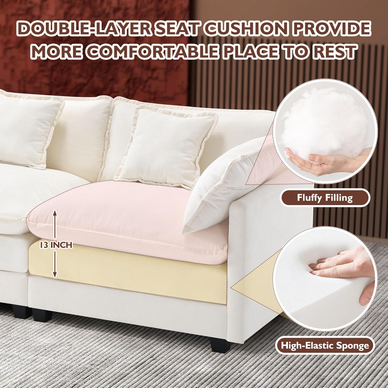 91gVkQ44IPL._AC_SL1500_.jpg Ihanherry 146" U-Shaped Modern Sofa Modular Sectional Cloud Couch with 2 Ottoman, 6-Seat Chenille Deep Seat Sofa with 6 Pillows for Living Room, Bedroom and Apartment, Beige - Image 4