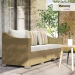 Outsunny 3 Seater Patio Sofa, Wicker Sofa with Cushions, Outdoor Furniture Rattan Couch with 2 Throw Pillows, Deep Seating, for Garden, Backyard, Porch, Cream White - Image 3