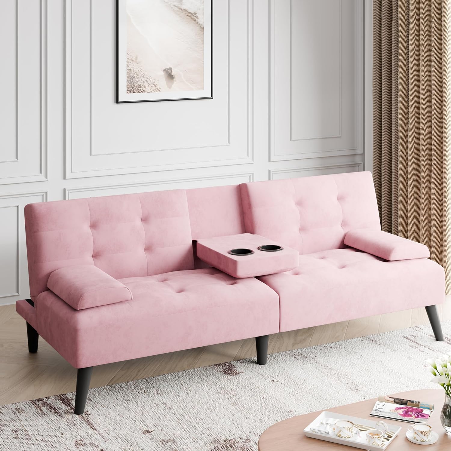 91uA-u8bSdL._AC_SL1500_.jpg JAMFLY Sofa Bed Futon Couches, Modern Convertible Folding Loveseat - Multi-Functional Recliner with 3-Angle Adjustment, Detachable Armrests with Cup Holders - Ideal for Small Spaces, Pink - Image 2