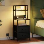 Furnulem Night Stand, Tall Nightstand with 4-Tier Shelves, 2 Fabric Drawers and Light Tube, Bed Side Tables with Charging Station, Bedside Table for Bedroom, Office, Black Oak - Image 2