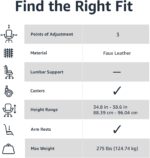 Amazon Basics Office Computer Task Desk Chair with Padded Armrests, Mid-Back, Adjustable, 360 Swivel, Rolling, 275 Pound Capacity, 24.2"D x 24"W x 34.8"H, Black Faux Leather - Image 6