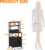 Furnulem Night Stand, Tall Nightstand with 4-Tier Shelves, 2 Fabric Drawers and Light Tube, Bed Side Tables with Charging Station, Bedside Table for Bedroom, Office, Black Oak - Image 3