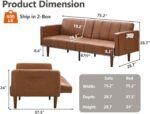 GarveeHome 75 in Futon Sofa Bed Mid-Century Futon Couch, PU Leathe Convertible Sleeper Couch with Adjustable Backrest, Loveseat and Side Pockets for Living Room & Bedroom (Camel) - Image 4