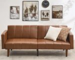 GarveeHome 75 in Futon Sofa Bed Mid-Century Futon Couch, PU Leathe Convertible Sleeper Couch with Adjustable Backrest, Loveseat and Side Pockets for Living Room & Bedroom (Camel) - Image 2