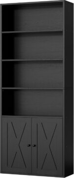 Shintenchi Bookshelf, Industrial Bookshelves and Bookcases with Doors Floor Standing 6 Shelf Display Storage Shelves 70.6 inches Tall Bookcase for Home Office, Living Room (Black) - Image 2