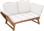 Devoko Outdoor Couch Acacia Wood Patio Couch with Adjustable Armrests, Outdoor Convertible Sofa with Removable Cushions & Pillows for Patio, Porch, Poolside(White) - Image 2