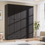 Armoire Wardrobe Closet with Drawers: 74" Black Tall Wooden Wardrobe Closet for Hanging Clothes, Large Bedroom Armoires with 2 Drawers, 4 Door Armoire Storage Cabinet (Black, 63") - Image 8