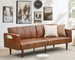 GarveeHome 75 in Futon Sofa Bed Mid-Century Futon Couch, PU Leathe Convertible Sleeper Couch with Adjustable Backrest, Loveseat and Side Pockets for Living Room & Bedroom (Camel) - Image 3