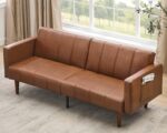 GarveeHome 75 in Futon Sofa Bed Mid-Century Futon Couch, PU Leathe Convertible Sleeper Couch with Adjustable Backrest, Loveseat and Side Pockets for Living Room & Bedroom (Camel) - Image 6