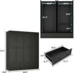 Armoire Wardrobe Closet with Drawers: 74" Black Tall Wooden Wardrobe Closet for Hanging Clothes, Large Bedroom Armoires with 2 Drawers, 4 Door Armoire Storage Cabinet (Black, 63") - Image 3