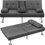 Yaheetech Convertible Sofa Bed Adjustable Couch Sleeper Modern Faux Leather Home Recliner Reversible Loveseat Folding Daybed Guest Bed, Removable Armrests, Cup Holders, 3 Angles, 772lb Capacity, Gray - Image 2