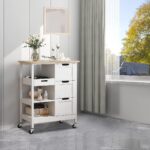 YITAHOME Small Solid Wood Top Kitchen Island Cart on Wheels with Storage, Rolling Portable Dining Room Serving Utility Carts Mobile Movable with 3 Drawers Cabinet, Oak & White - Image 9