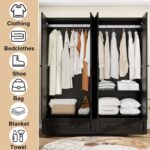Armoire Wardrobe Closet with Drawers: 74" Black Tall Wooden Wardrobe Closet for Hanging Clothes, Large Bedroom Armoires with 2 Drawers, 4 Door Armoire Storage Cabinet (Black, 63") - Image 7