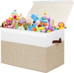 Large Toy Storage Box with Lid, Sturdy Toys Storage Chest Bin Organizer Basket with Dividers for Kids, Boys, Girls, Nursery, Closet, Bedroom, Playroom 25"x13" x16" (Beige and White) - Image 2