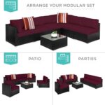 Best Choice Products 7-Piece Modular Outdoor Sectional Wicker Patio Conversation Set w/ 2 Pillows, Coffee Table, Cover Included - Black/Deep Burgundy - Image 3