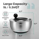 5.3Qt Stainless Steel Salad Spinner with Stop Button, BPA-Free Vegetable Lettuce Spinner, Transparent Lid & Drainage Hole, Non-Slip Base, Dishwasher Safe Fruit Washer - Image 4