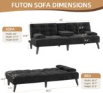 Shintenchi Futon Sofa Bed, Velvet Foldable Couch Reclining Sleeper w/Removable Armrests, Upholstered Loveseat w/Folding Cup Holders for Home, Office, Black - Image 3