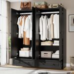 Armoire Wardrobe Closet with Drawers: 74" Black Tall Wooden Wardrobe Closet for Hanging Clothes, Large Bedroom Armoires with 2 Drawers, 4 Door Armoire Storage Cabinet (Black, 63") - Image 4