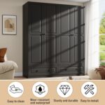 Armoire Wardrobe Closet with Drawers: 74" Black Tall Wooden Wardrobe Closet for Hanging Clothes, Large Bedroom Armoires with 2 Drawers, 4 Door Armoire Storage Cabinet (Black, 63") - Image 5