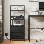 Furnulem Night Stand, Tall Nightstand with 4-Tier Shelves, 2 Fabric Drawers and Light Tube, Bed Side Tables with Charging Station, Bedside Table for Bedroom, Office, Black Oak - Image 8