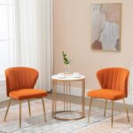 Velvet Dining Chairs Set of 2, Modern Upholstered Vanity Chairs with Golden Metal Legs for Dining Room Kitchen Vanity Patio (Orange) - Image 6