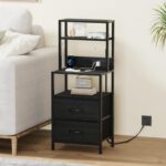 Furnulem Night Stand, Tall Nightstand with 4-Tier Shelves, 2 Fabric Drawers and Light Tube, Bed Side Tables with Charging Station, Bedside Table for Bedroom, Office, Black Oak - Image 4