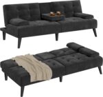 Shintenchi Futon Sofa Bed, Velvet Foldable Couch Reclining Sleeper w/Removable Armrests, Upholstered Loveseat w/Folding Cup Holders for Home, Office, Black - Image 4