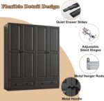 Armoire Wardrobe Closet with Drawers: 74" Black Tall Wooden Wardrobe Closet for Hanging Clothes, Large Bedroom Armoires with 2 Drawers, 4 Door Armoire Storage Cabinet (Black, 63") - Image 6