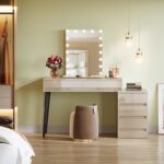 Tribesigns Vanity Desk with 5 Drawers, Makeup Table with Reversible Drawer Cabinet Printer Stand, Modern Computer Desk Dressing Table for Bedroom Office, Gloss Beige (No Mirrors) - Image 8