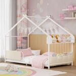 Timy House Shape Twin Size Montessori House Bed Metal Floor Bed with Storage Rack and Caddy Twin Bedframe for Kids No Box Spring Needed White - Image 2