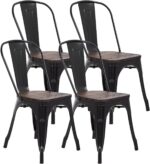 FDW | Metal Dining Chairs with Wooden Seat | Set of 4 | Black | Stackable Tolix Side Chairs with Backrest | Scratch-Resistant | Non-Slip Feet | Indoor/Outdoor Use | 330 lbs | for Dining & Kitchen - Image 2