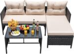 Devoko Outdoor Patio Furniture 3-Piece Rattan Waterproof Outdoor Sectional Sofa All-Weather L Shaped Patio Couch with Cushion Glass Table for Balcony, Garden (Beige) - Image 6