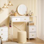 White Vanity Desk Without Mirror, Small Makeup Desk with 4 Fabric Drawers, 33.5 Inches Dressing Table with Storage, Vanity Table for Bedroom with Hook, White - Image 6