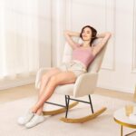 VEVOR Nursery Rocking Chair, Features a Comfortable Soft Seat and Supportive High Backrest, Teddy Fabric, Upholstered Glider for Bedroom, Living Room, Holds up to 250 lbs, in Ivory White - Image 3