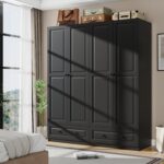 Armoire Wardrobe Closet with Drawers: 74" Black Tall Wooden Wardrobe Closet for Hanging Clothes, Large Bedroom Armoires with 2 Drawers, 4 Door Armoire Storage Cabinet (Black, 63") - Image 2