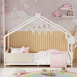 Timy House Shape Twin Size Montessori House Bed Metal Floor Bed with Storage Rack and Caddy Twin Bedframe for Kids No Box Spring Needed White - Image 4
