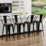 Yongqiang Barstools Set of 4 Counter Height Bar Stools for Kitchen Island Farmhouse Metal High Back Bar Chairs Wooden Seat 24" Matte Black - Image 4
