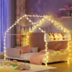 Timy House Shape Twin Size Montessori House Bed Metal Floor Bed with Storage Rack and Caddy Twin Bedframe for Kids No Box Spring Needed White - Image 5